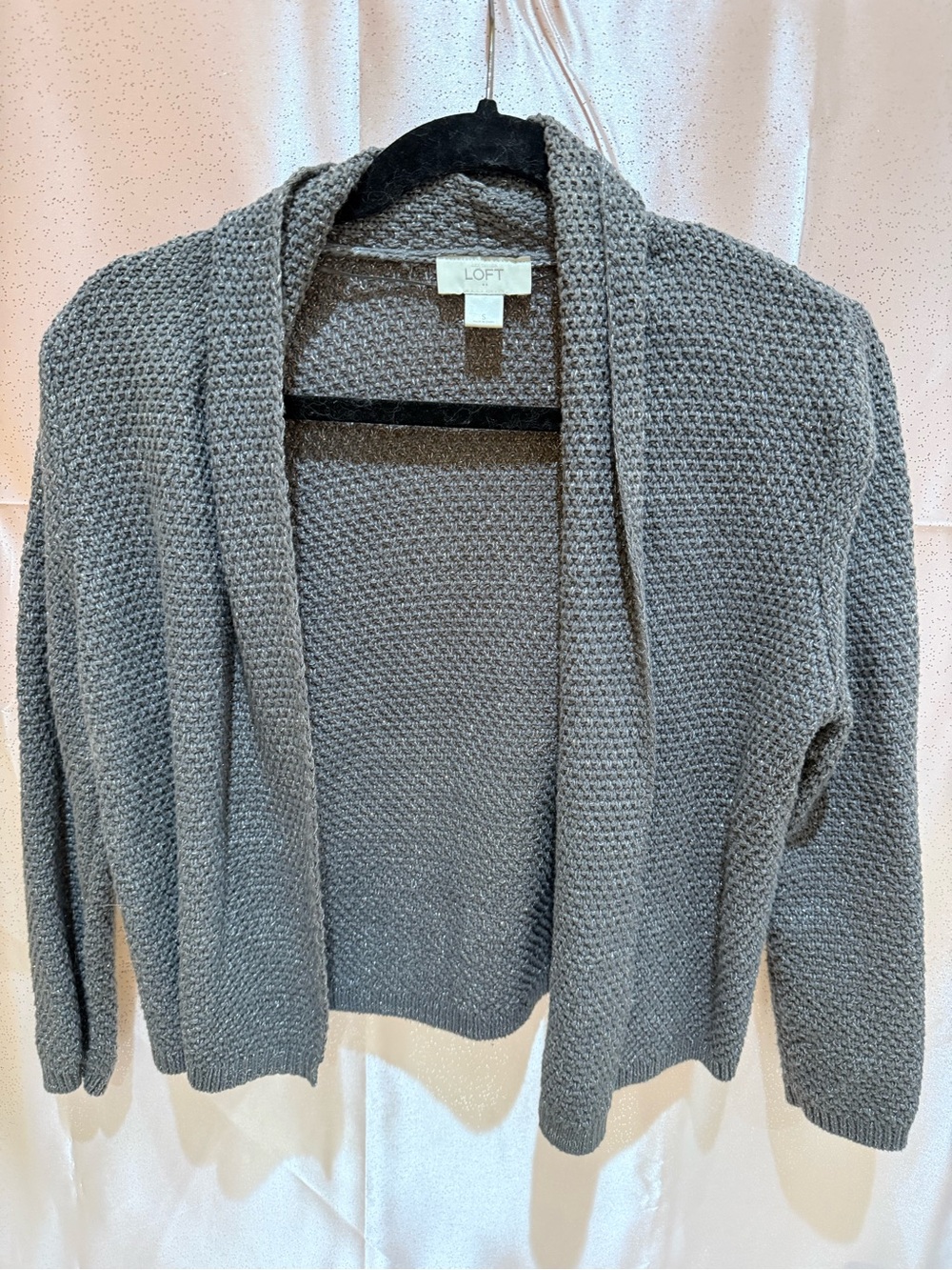LOFT Glittering Gray Open-Front Textured Knit Cardigan